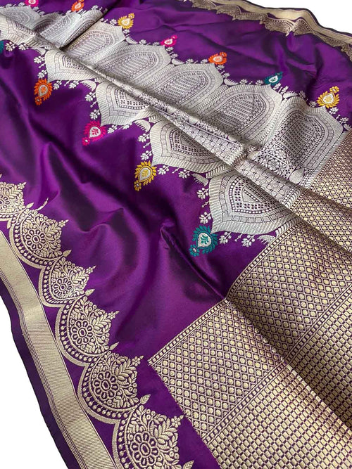 Purple Banarasi Handloom Pure Katan Silk Meenakari Saree - Luxurion World