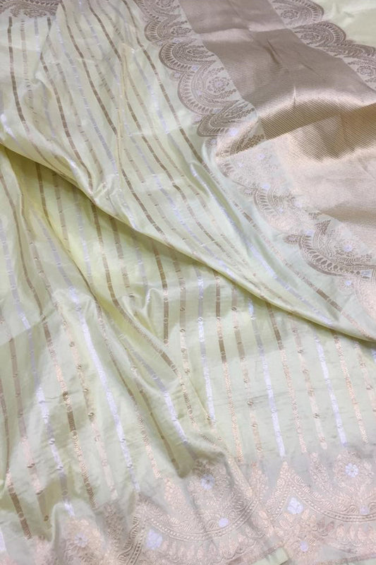 Pastel Banarasi Handloom Pure Katan Silk Stripes Design Saree - Luxurion World