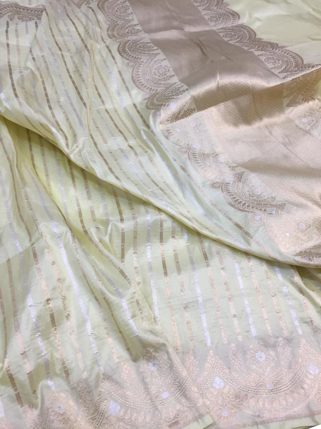 Pastel Banarasi Handloom Pure Katan Silk Stripes Design Saree - Luxurion World