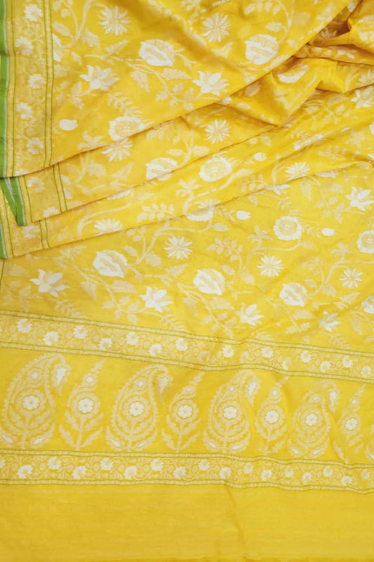 Yellow Banarasi Handloom Pure Cotton Jamdani Saree - Luxurion World