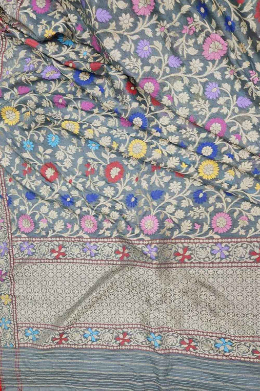 Grey Banarasi Handloom Pure Cotton Jamdani Saree - Luxurion World