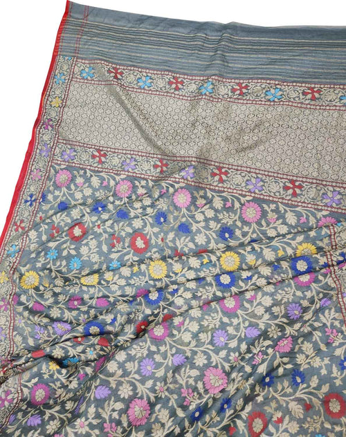 Grey Banarasi Handloom Pure Cotton Jamdani Saree - Luxurion World