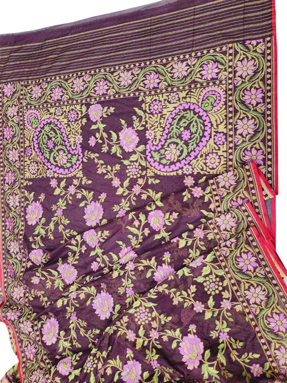 Purple Banarasi Handloom Pure Cotton Jamdani Saree - Luxurion World