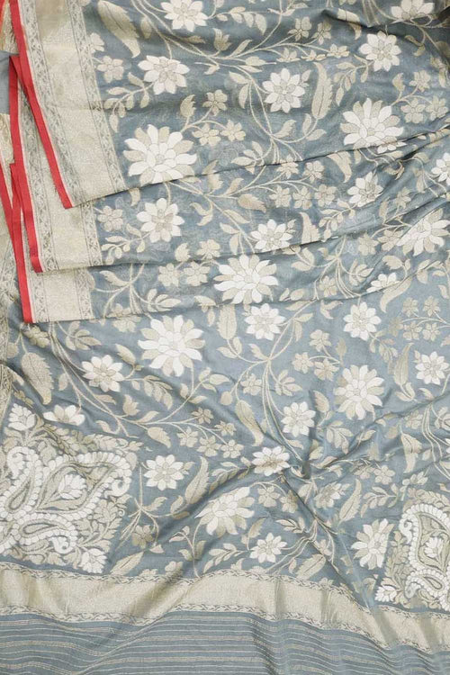 Grey Banarasi Handloom Pure Cotton Jamdani Saree - Luxurion World
