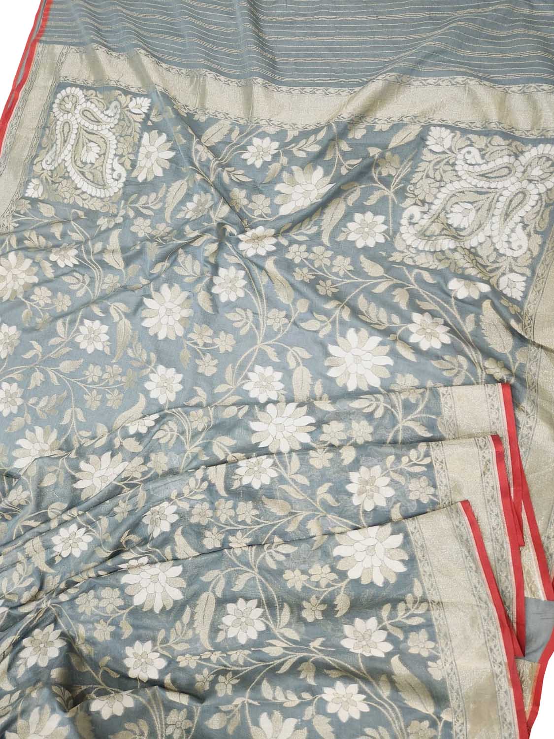 Grey Banarasi Handloom Pure Cotton Jamdani Saree - Luxurion World