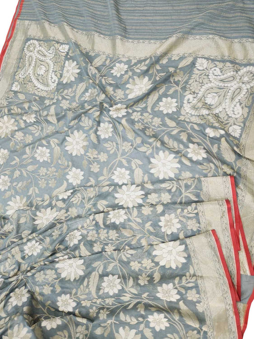 Grey Banarasi Handloom Pure Cotton Jamdani Saree - Luxurion World