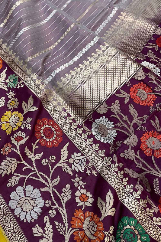Exquisite Purple Banarasi Handloom Pure Katan Silk Meenakari Saree - Luxurion World