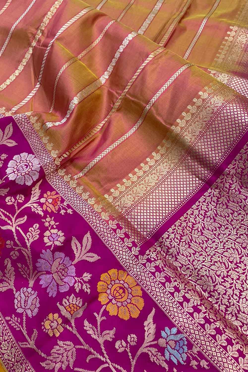 Elegant Pink & Orange Shot Banarasi Handloom Pure Katan Silk Saree - Luxurion World