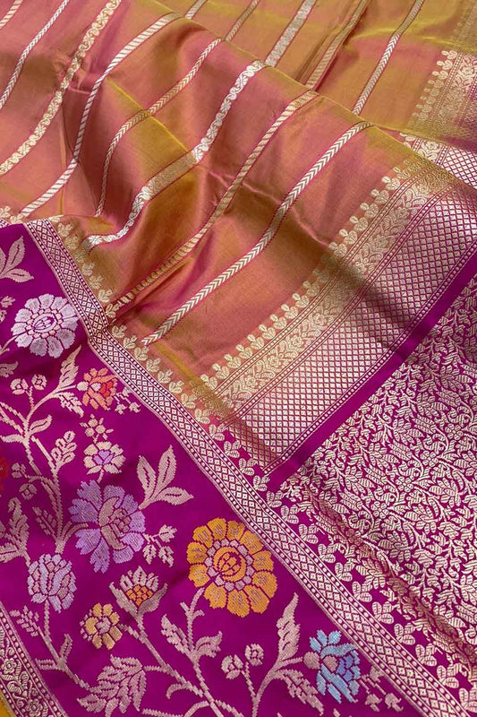 Elegant Pink & Orange Shot Banarasi Handloom Pure Katan Silk Saree - Luxurion World
