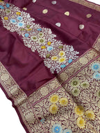 Exquisite Maroon Banarasi Handloom Pure Katan Silk Meenakari Saree - Luxurion World