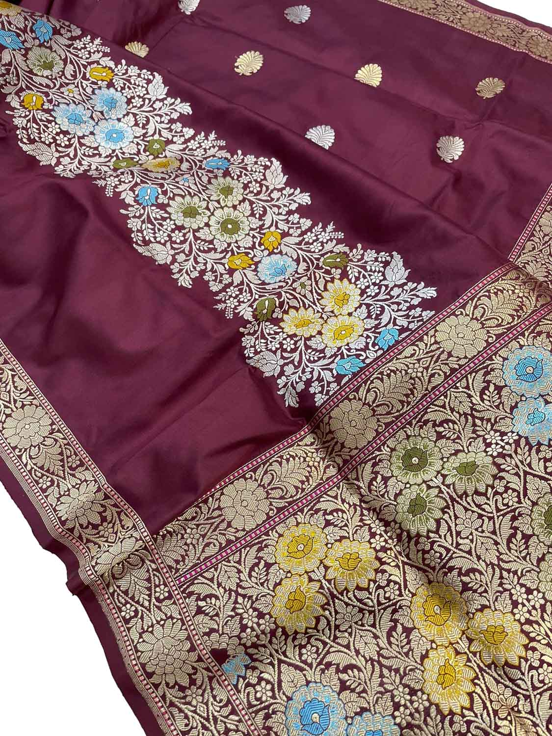 Exquisite Maroon Banarasi Handloom Pure Katan Silk Meenakari Saree - Luxurion World
