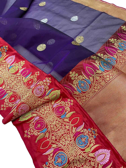 Elegant Blue Banarasi Handloom Pure Kora Silk Meenakari Saree - Luxurion World