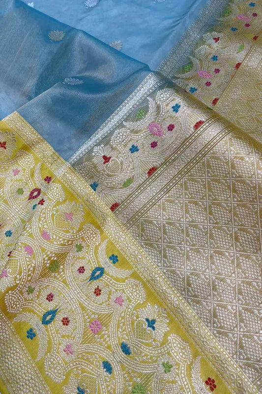 Elegant Blue Banarasi Handloom Pure Kora Silk Meenakari Saree - Luxurion World