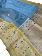 Elegant Blue Banarasi Handloom Pure Kora Silk Meenakari Saree - Luxurion World