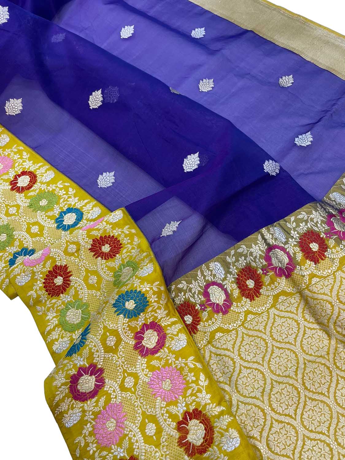 Elegant Blue Banarasi Handloom Pure Kora Silk Meenakari Saree - Luxurion World