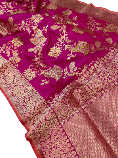 Elegant Pink Banarasi Handloom Pure Katan Silk Saree - Luxurion World