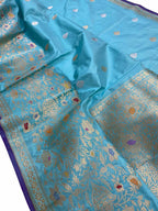 Elegant Blue Banarasi Handloom Pure Katan Silk Saree - Luxurion World