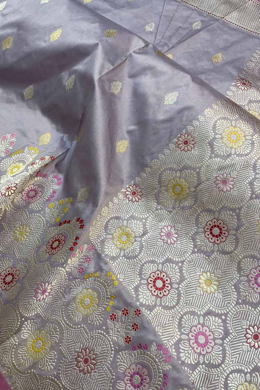 Exquisite Grey Banarasi Handloom Pure Katan Silk Saree: Timeless Elegance