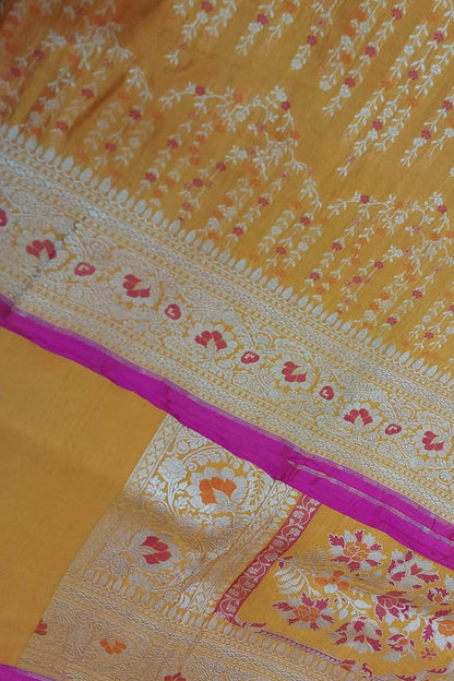 Yellow Banarasi Handloom Pure Katan Silk Meenakari Saree: Exquisite Elegance in Traditional Artistry - Luxurion World