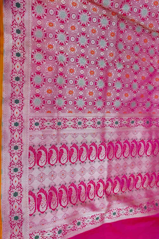 Elegant Pink Banarasi Handloom Pure Katan Silk Meenakari Saree - Luxurion World