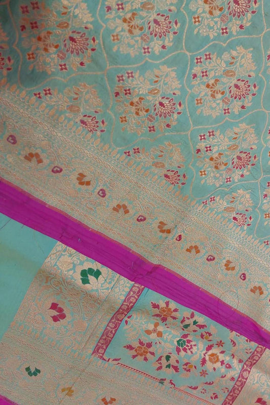 Elegant Blue Banarasi Handloom Pure Katan Silk Meenakari Saree - Luxurion World