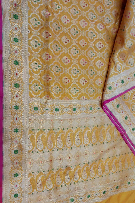 Yellow Banarasi Handloom Pure Katan Silk Meenakari Saree: Exquisite Elegance in Traditional Artistry - Luxurion World
