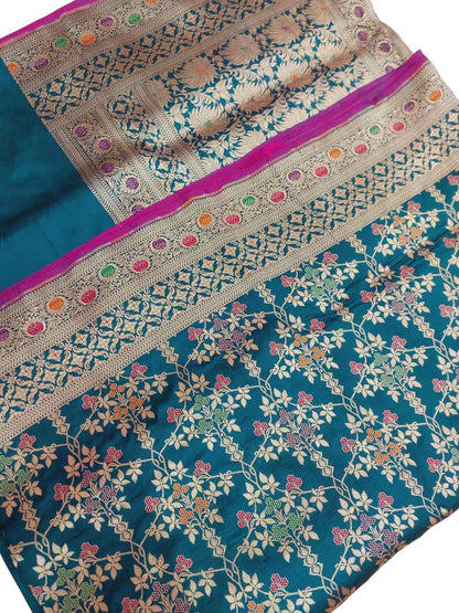 Elegant Blue Banarasi Handloom Pure Katan Silk Meenakari Saree - Luxurion World