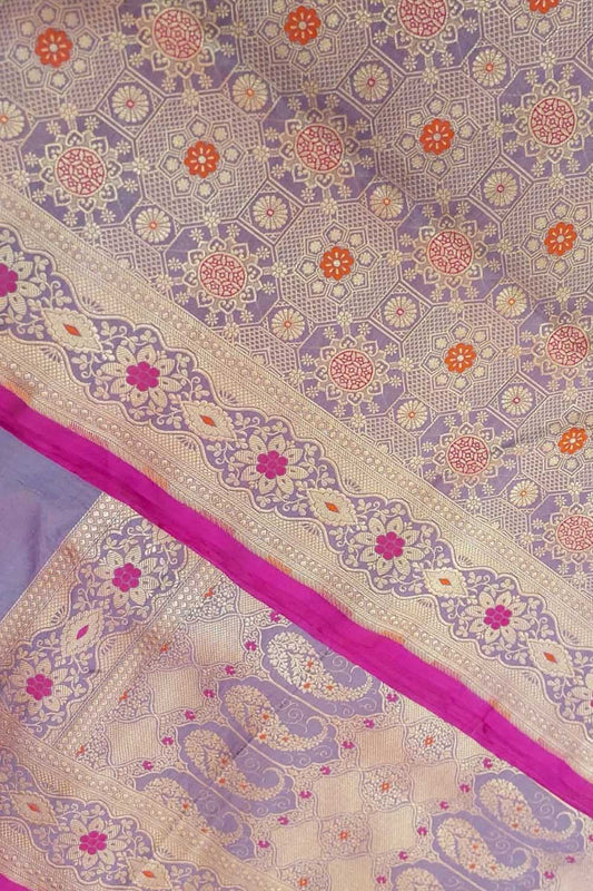 Elegant Purple Banarasi Handloom Pure Katan Silk Meenakari Saree - Luxurion World