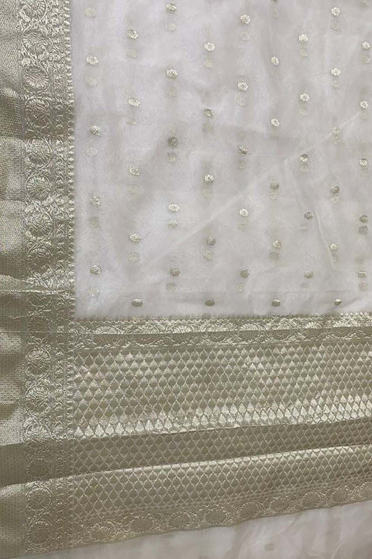 Off White Banarasi Kora Silk Saree - Luxurion World