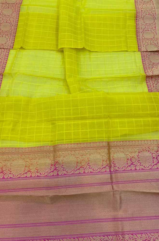 Yellow Handloom Banarasi Kora Organza Silk Saree - Luxurion World