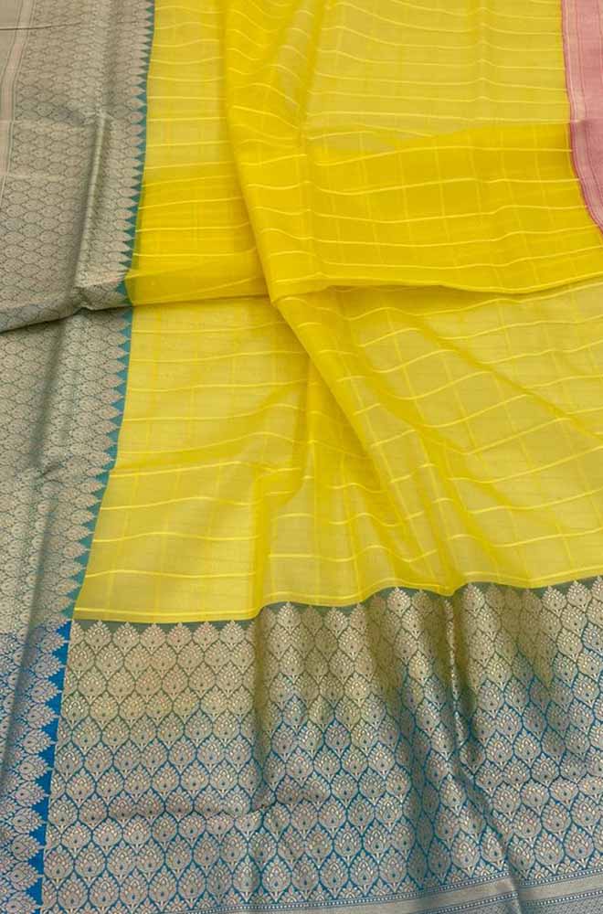 Yellow Handloom Banarasi Kora Organza Silk Saree - Luxurion World