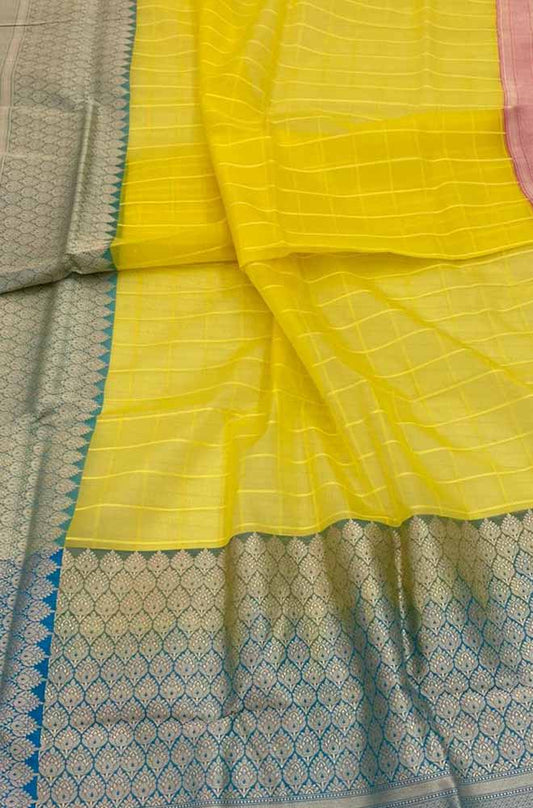 Yellow Handloom Banarasi Kora Organza Silk Saree - Luxurion World