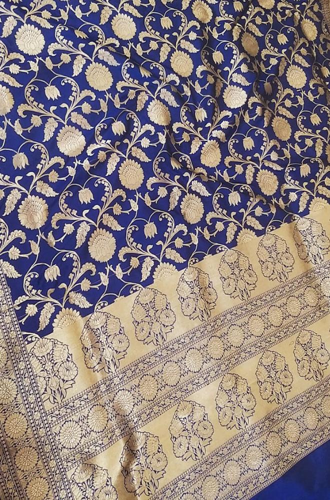 Blue Handloom Banarasi Soft Katan Silk Opara Fully Kariyal Weaved Saree - Luxurion World