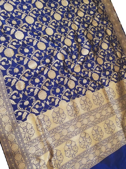 Blue Handloom Banarasi Soft Katan Silk Opara Fully Kariyal Weaved Saree - Luxurion World