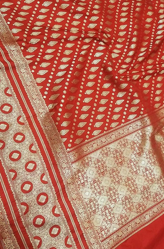 Red Handloom Banarasi Soft Katan Silk Opara Fully Kariyal Weaved Saree - Luxurion World
