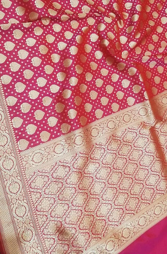 Pink Handloom Banarasi Soft Katan Silk Opara Fully Kariyal Weaved Saree - Luxurion World