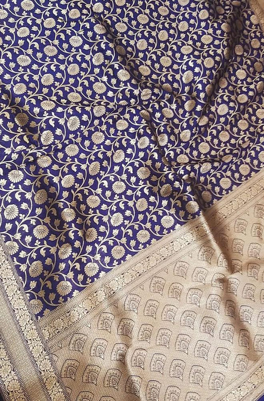 Blue Handloom Banarasi Soft Katan Silk Opara Fully Kariyal Weaved Saree - Luxurion World