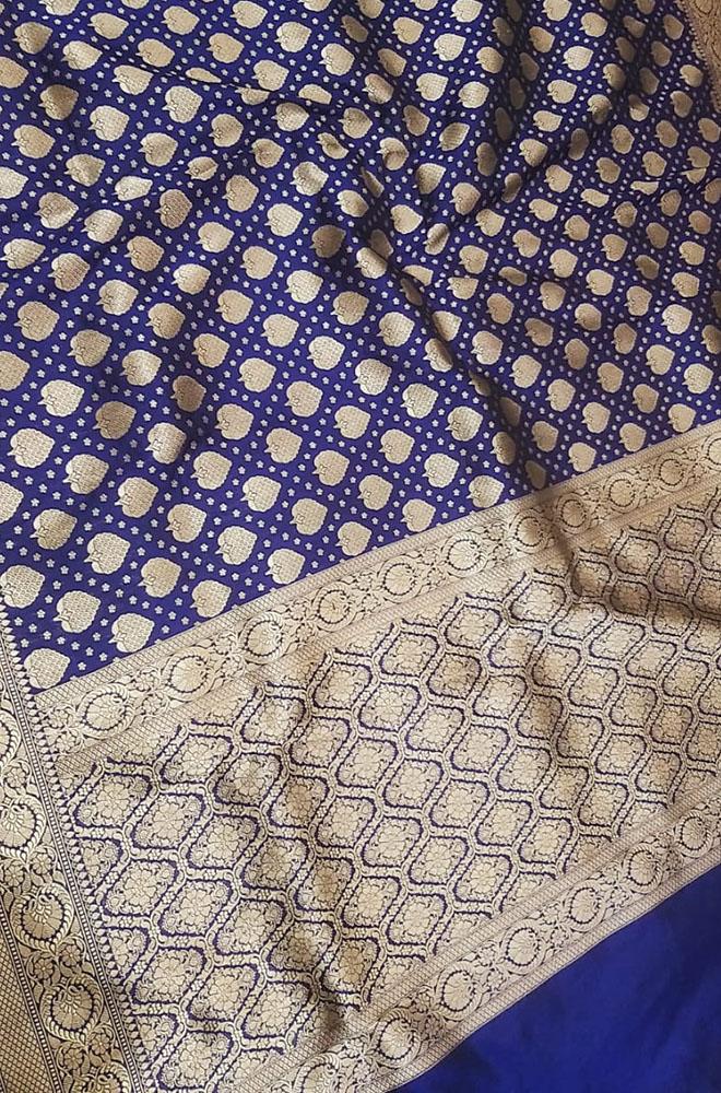 Blue Handloom Banarasi Soft Katan Silk Opara Fully Kariyal Weaved Saree - Luxurion World