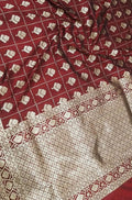 Maroon Handloom Banarasi Soft Katan Silk Opara Fully Kariyal Weaved Saree - Luxurion World