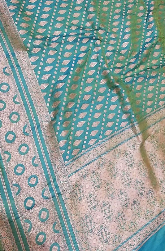 Blue Handloom Banarasi Soft Katan Silk Opara Fully Kariyal Weaved Saree - Luxurion World