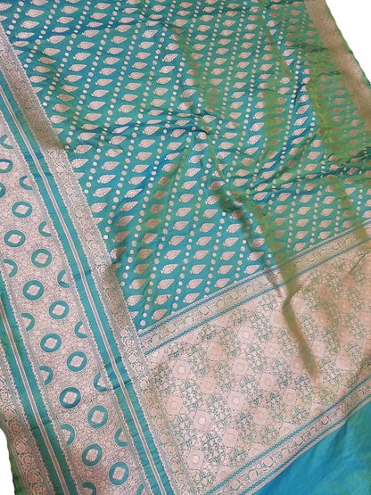 Blue Handloom Banarasi Soft Katan Silk Opara Fully Kariyal Weaved Saree - Luxurion World