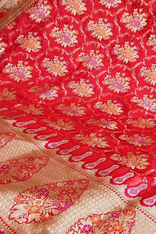 Elegant Red Banarasi Handloom Pure Katan Silk Meenakari Saree - Luxurion World