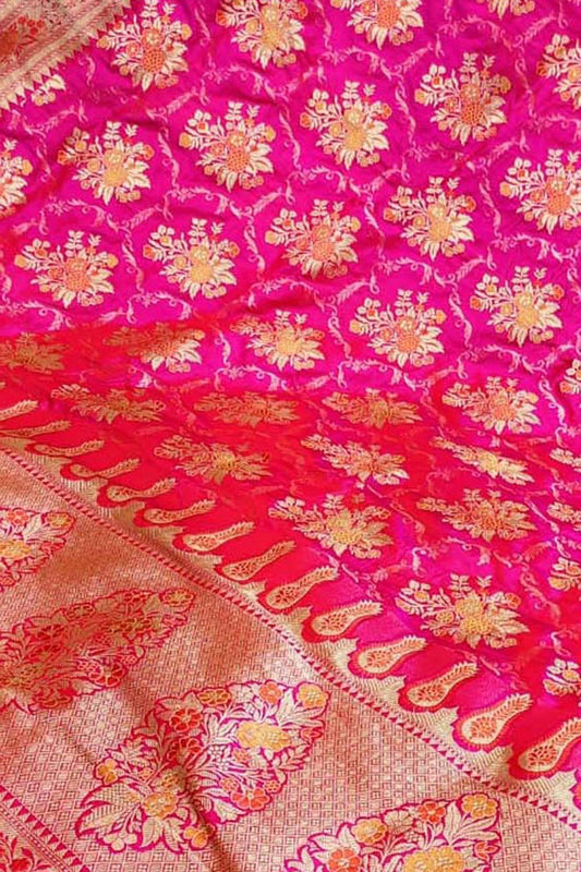Elegant Pink Banarasi Handloom Pure Katan Silk Meenakari Saree - Luxurion World