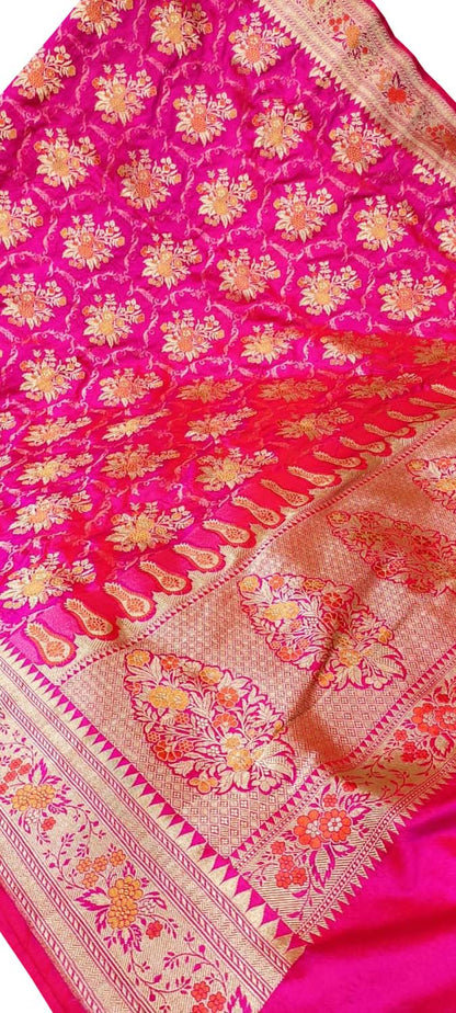 Elegant Pink Banarasi Handloom Pure Katan Silk Meenakari Saree - Luxurion World