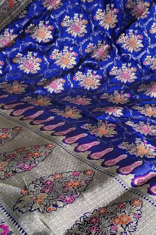 Elegant Blue Banarasi Handloom Pure Katan Silk Meenakari Saree - Luxurion World