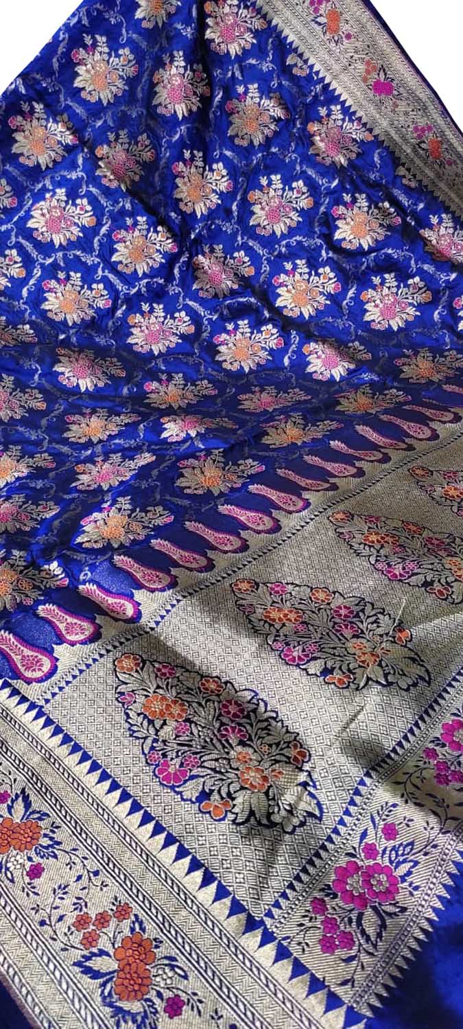 Elegant Blue Banarasi Handloom Pure Katan Silk Meenakari Saree - Luxurion World