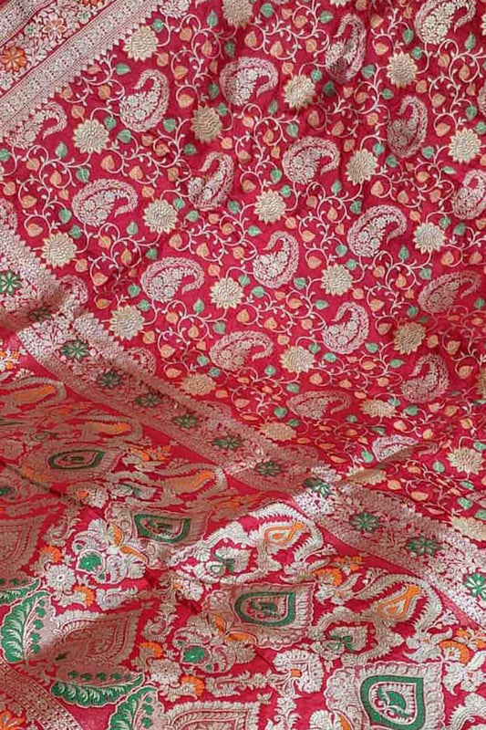 Elegant Red Banarasi Handloom Pure Katan Silk Meenakari Saree - Luxurion World