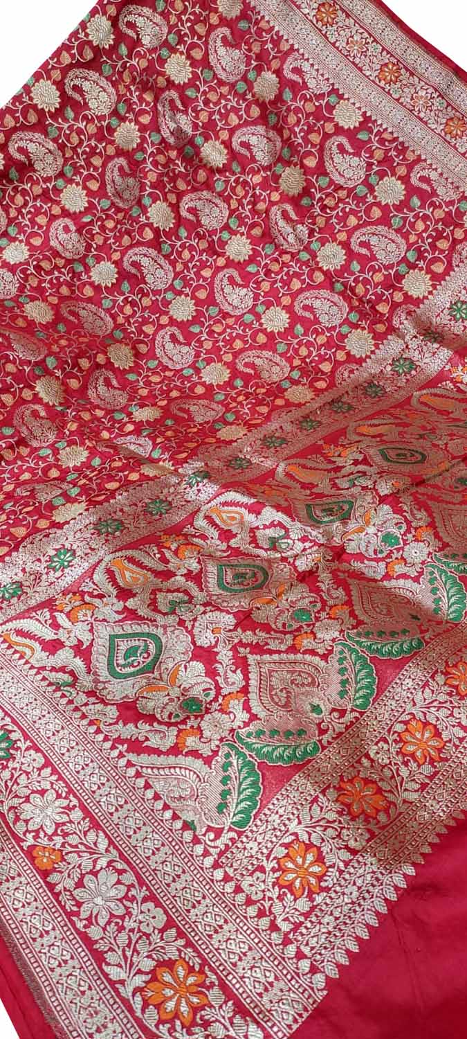 Elegant Red Banarasi Handloom Pure Katan Silk Meenakari Saree - Luxurion World