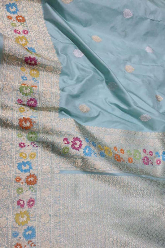 Elegant Blue Banarasi Handloom Pure Katan Silk Meenakari Saree - Luxurion World