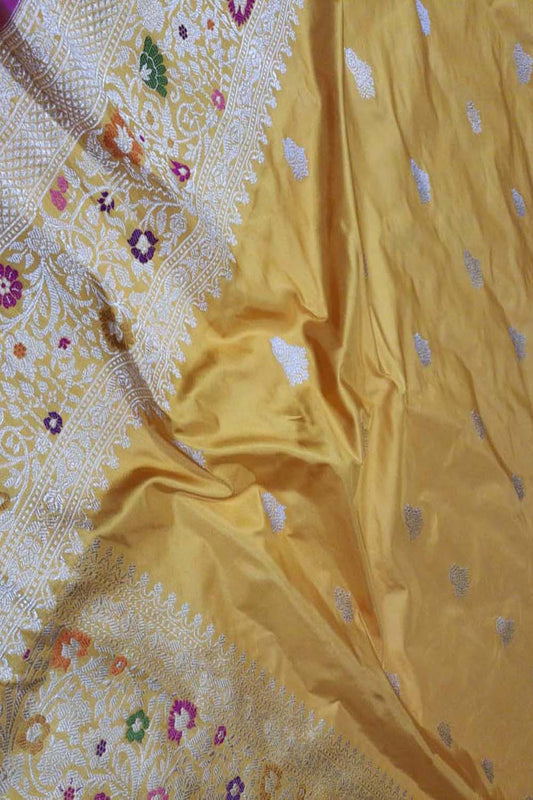 Exquisite Yellow Banarasi Handloom Pure Katan Silk Meenakari Saree - Luxurion World